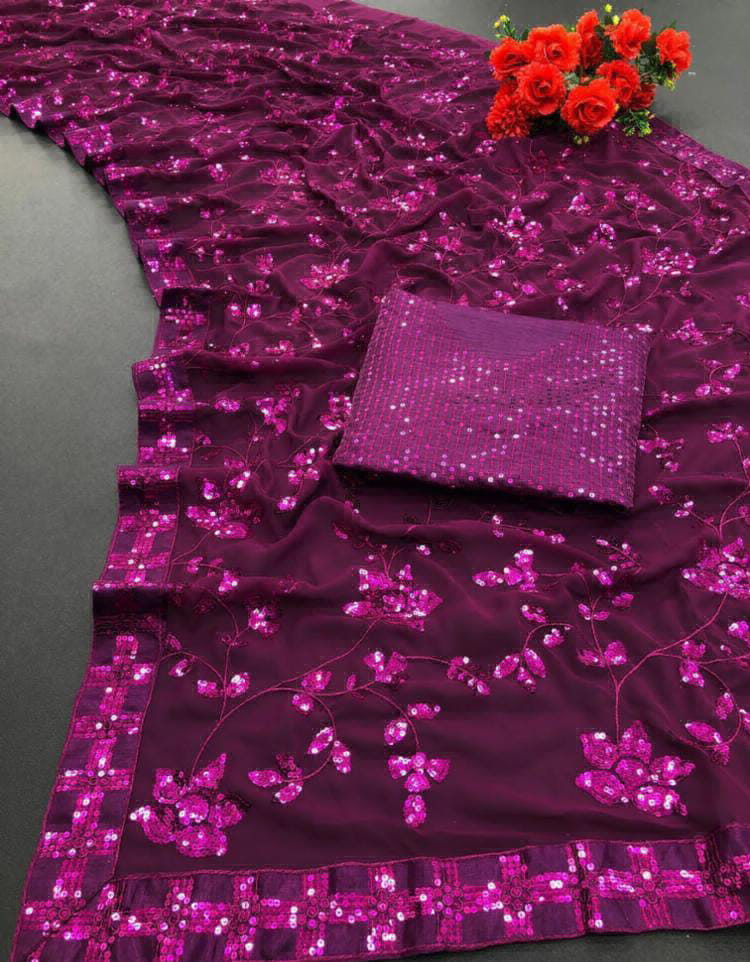 Beautiful Sequence Saree  - Purple