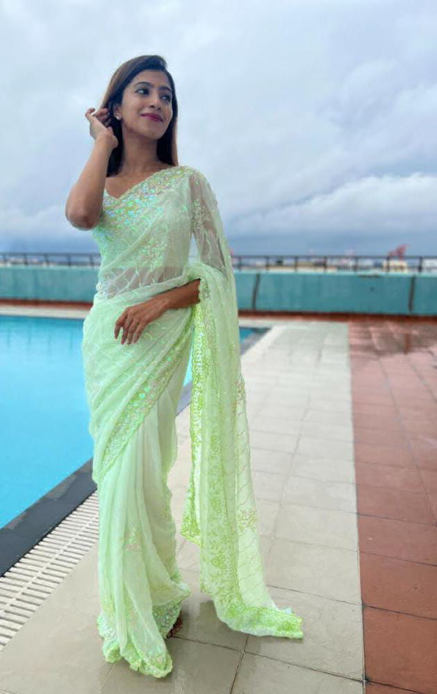 Party Wear Sequence Work Saree - Green