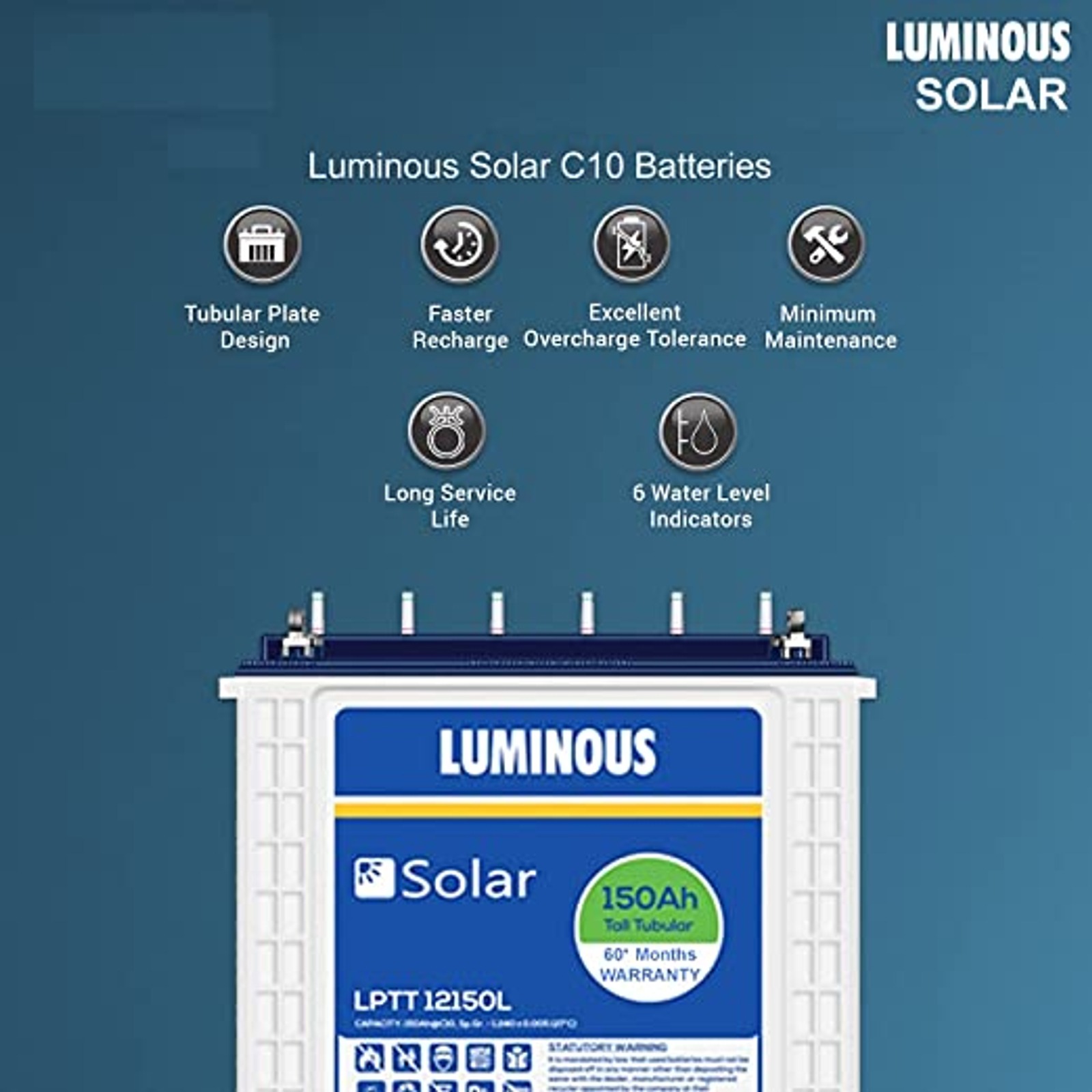 Luminous LPTT12150L 150 Ah C10 Solar Battery - 3 Years Warranty