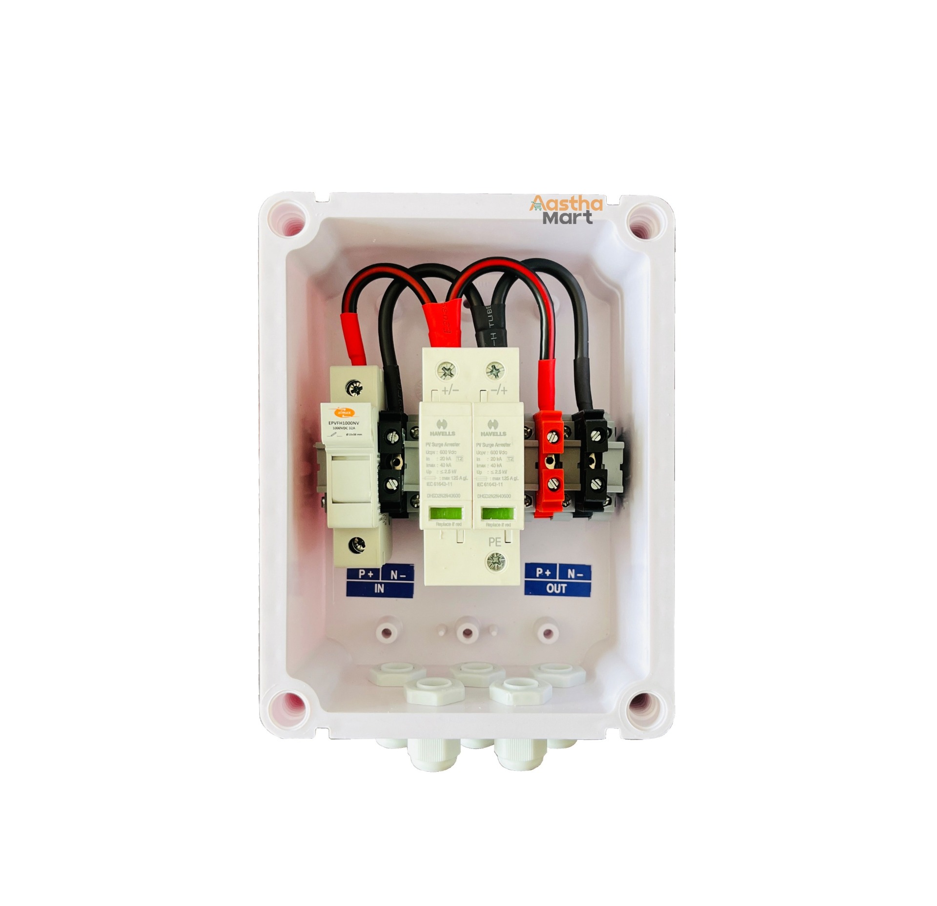 Solar DCDB 1 IN 1 OUT 600V 1KW - 4KW - Elmex Fuse 30A + Havells 600V SPD