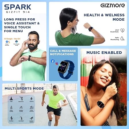 GIZMORE Spark smartwatch with Advanced BT Calling 1.69" IPS Display, SpO2, 100 Sports Mode with Auto Detection, Upto 7 Days Battery (2 Days with Heavy Calling)