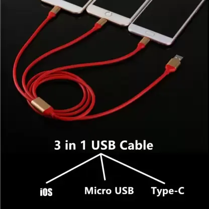 studlike store Micro USB Cable 20 m Red Colour 3 in 1 TPE Material Multi USB Cable for iOS, Micro and Type-C, Charges 3 Phone at Same Time, 1.2meter Long, 2.1 A Output  (Compatible with Android, Type-c, iOS, Red)