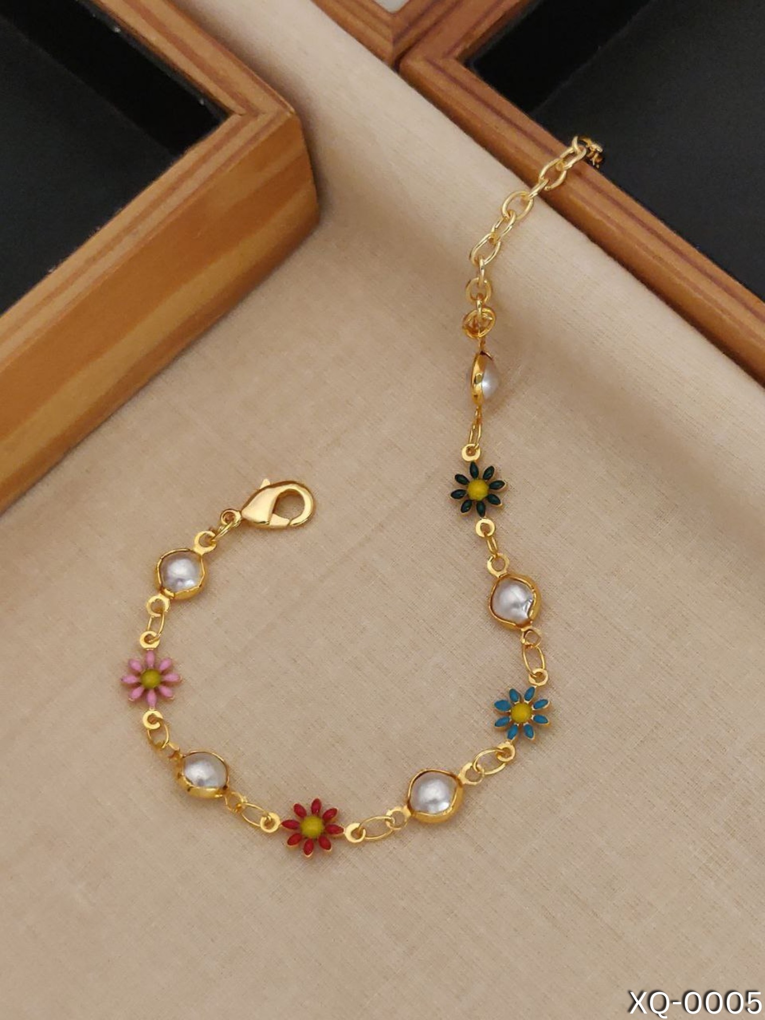 KANAF Enchanting Blossoms & Pearls - Golden Plated Premium Chain Bracelet for Women | Colorful Crystal Charms | Ideal for Wedding Parties, Fashion Accessories, and Creative Gifts