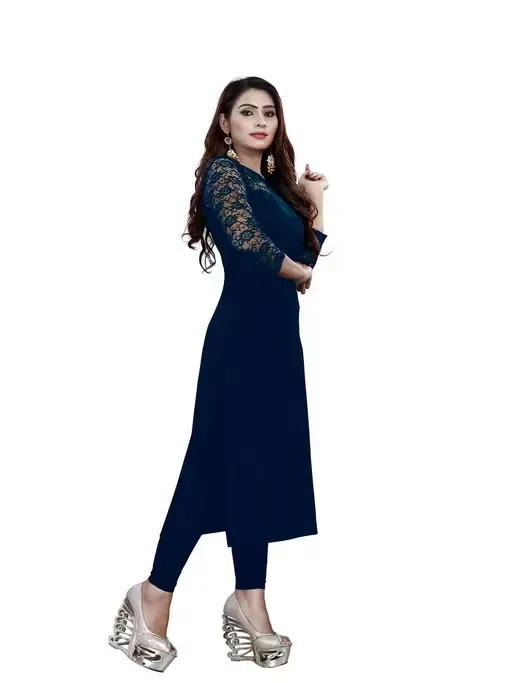 Casual American Crepe And Net Round-Neck 3/4 Length Sleeves Navy Blue Kurti (45"Inches) Mo - XL