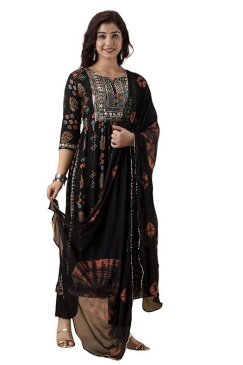 PICHAWAI Women's Viscose Rayon Solid Printed Kurta, Pant and Dupatta Set AN - XL