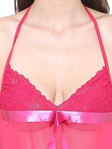 DHREXV Women's Lace Solid Above The Knee Babydoll with Panty (1001_Dark Pink_Free Size) An - Free Size