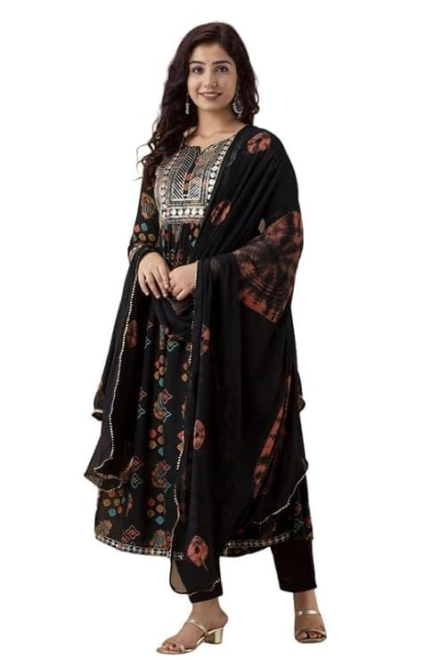 PICHAWAI Women's Viscose Rayon Solid Printed Kurta, Pant and Dupatta Set AN - L