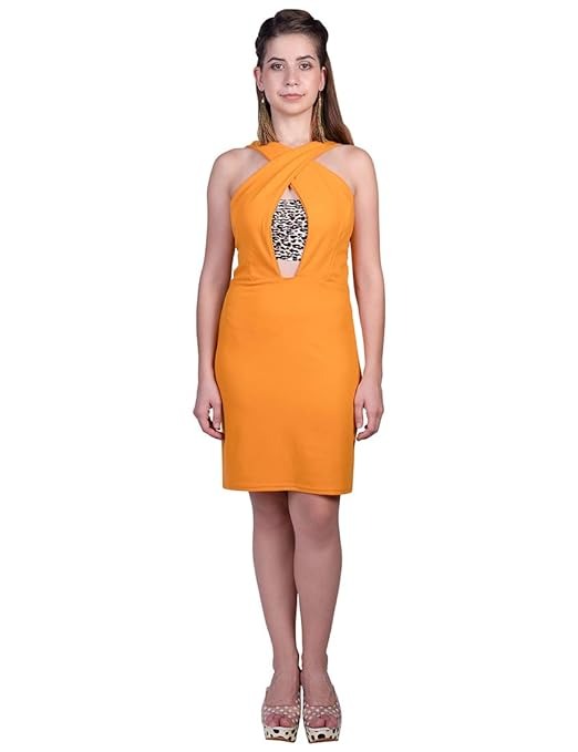 ORZEL Mustard Cross Halter Neck Ladies Dress Latest Women Western Dresses Knee Length An - M