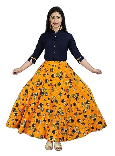 ALASHA Women's Rayon Yellow Skirt Top Blue Set Ready to Wear Rayon Blend Solid Topskirt An - L