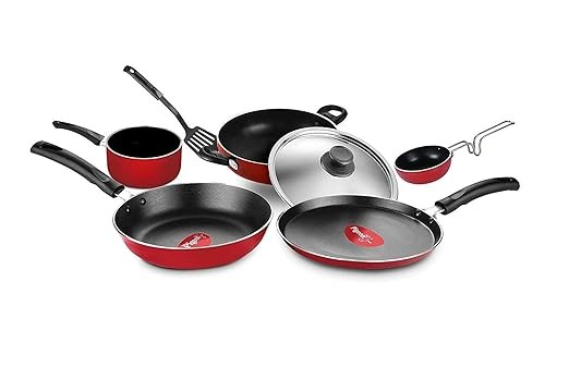 Pigeon by Stoverkraft Non-Stick Cookware Set of 7 Pc w/o Induction Base Includes Nonstick Tawa 23cm, Nonstick Fry Pan 24cm, Nonstick Kadhai with Stainless Steel Lid 24cm, Nonstick Sauce Red, Standard An