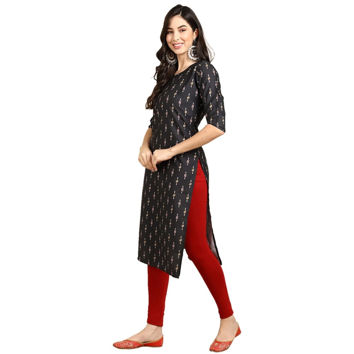 Pinkmint Women's Crepe Black Color Ethnic Motif Printed Straight AN - M