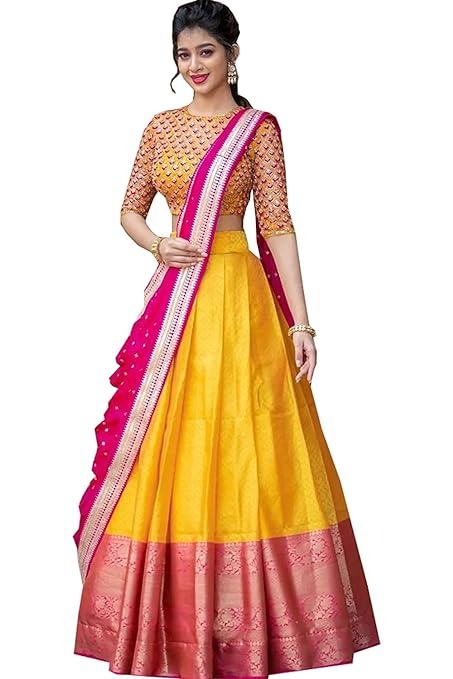 NECWA Women's Traditional Silk Lehegna Choli With Heavy Designer Embroidery Work Blouse Piece And Dupatta Voni Half Saree | Yellow Pink An