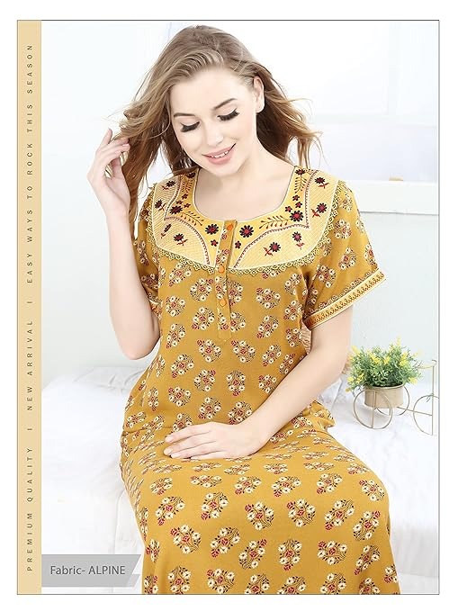 ROVARS New Alpine Straight Fit Nighty for Women I Women Nighty with Round Neck has Embroidery I Night Gown for Women with Buttons and Side Slip Pocket AN - Free Size