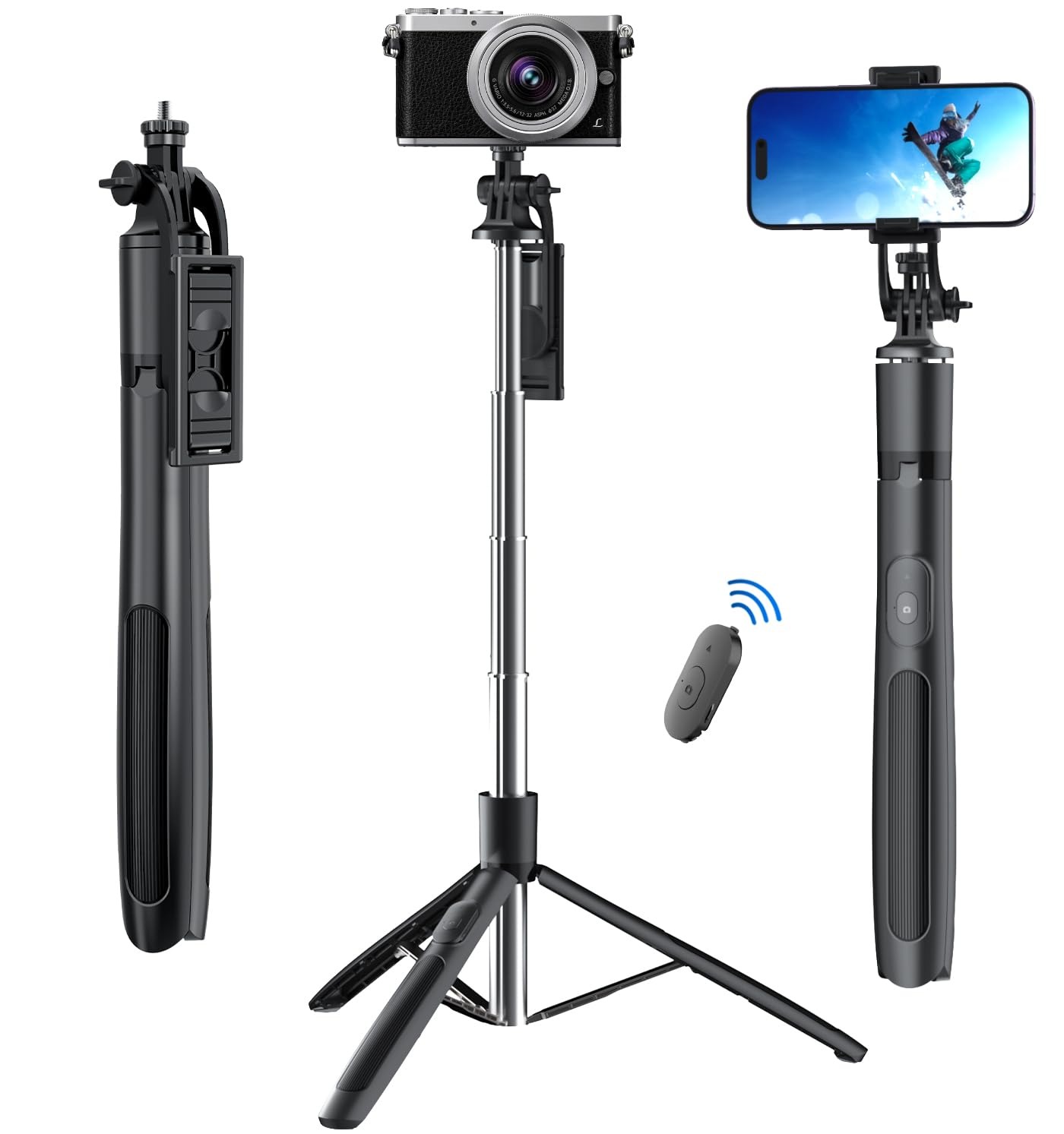Neepho Selfie Stick with Tripod Stand Reinforced 63 inch/160cm Long Selfie Stick Tripod Bluetooth Mobile Tripod Stand with 1/4 Screw for Vlogging YouTube Live Stream,Black