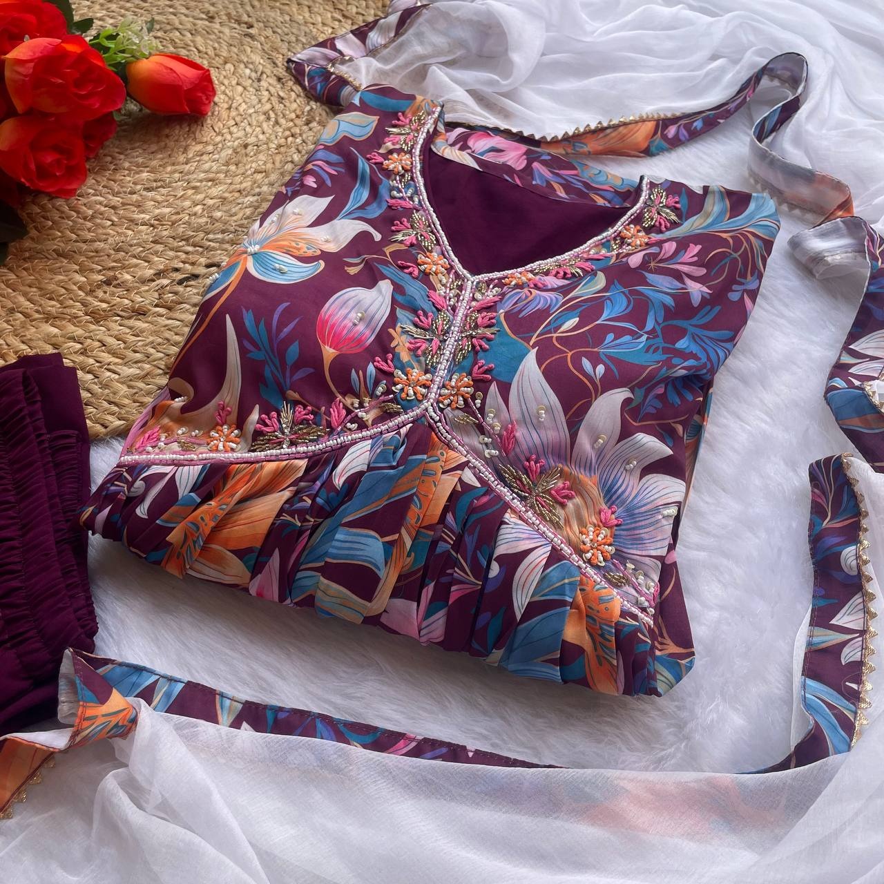 FLOWER PRINT ALIYA CUT KURTI DUPATTA WITH THREAD WORK