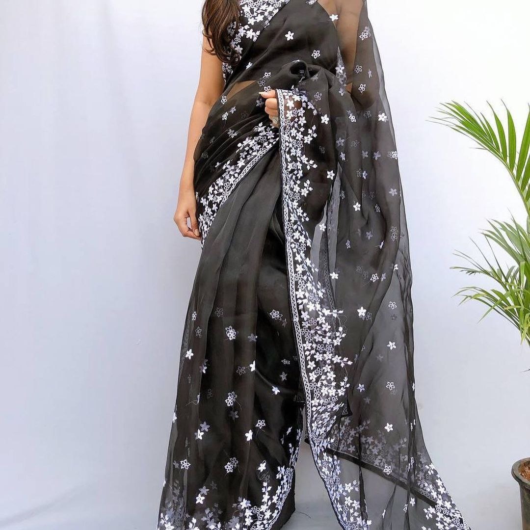 ORGENZA SILK EMBROIDERED PIPING BORDERE WORK SAREE