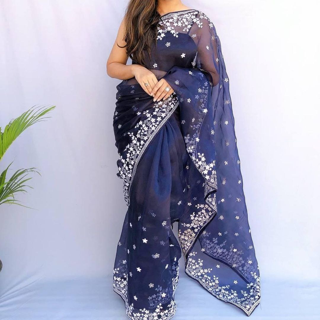 ORGENZA SILK EMBROIDERED PIPING BORDERE WORK SAREE