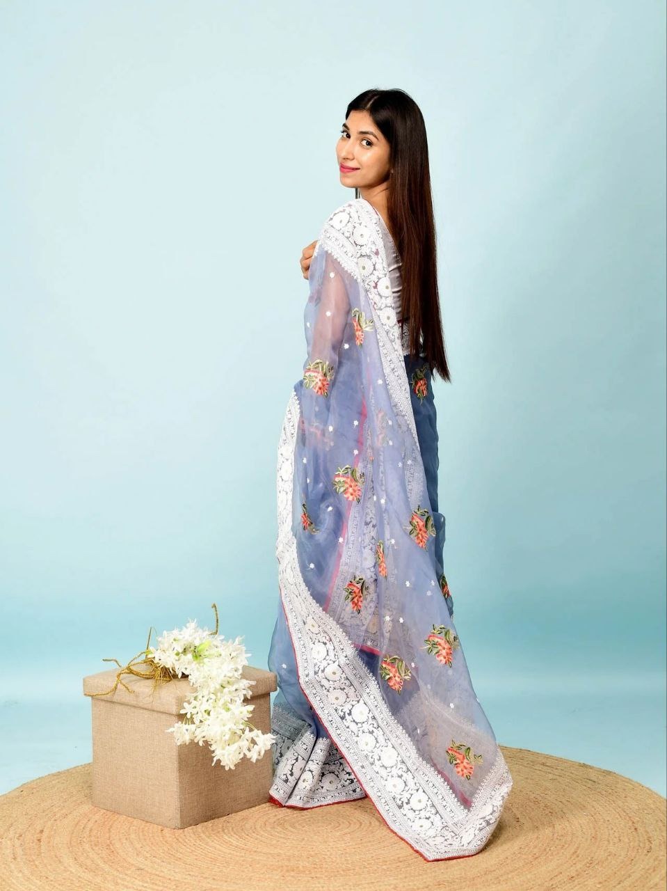 HEAVY MULTY THREAD WORK ORGENZA SILK SAREE WITH BANGLORI SATIN BLOUSE