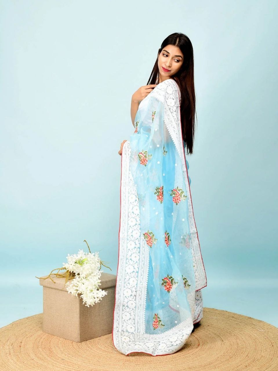 HEAVY MULTY THREAD WORK ORGENZA SILK SAREE WITH BANGLORI SATIN BLOUSE