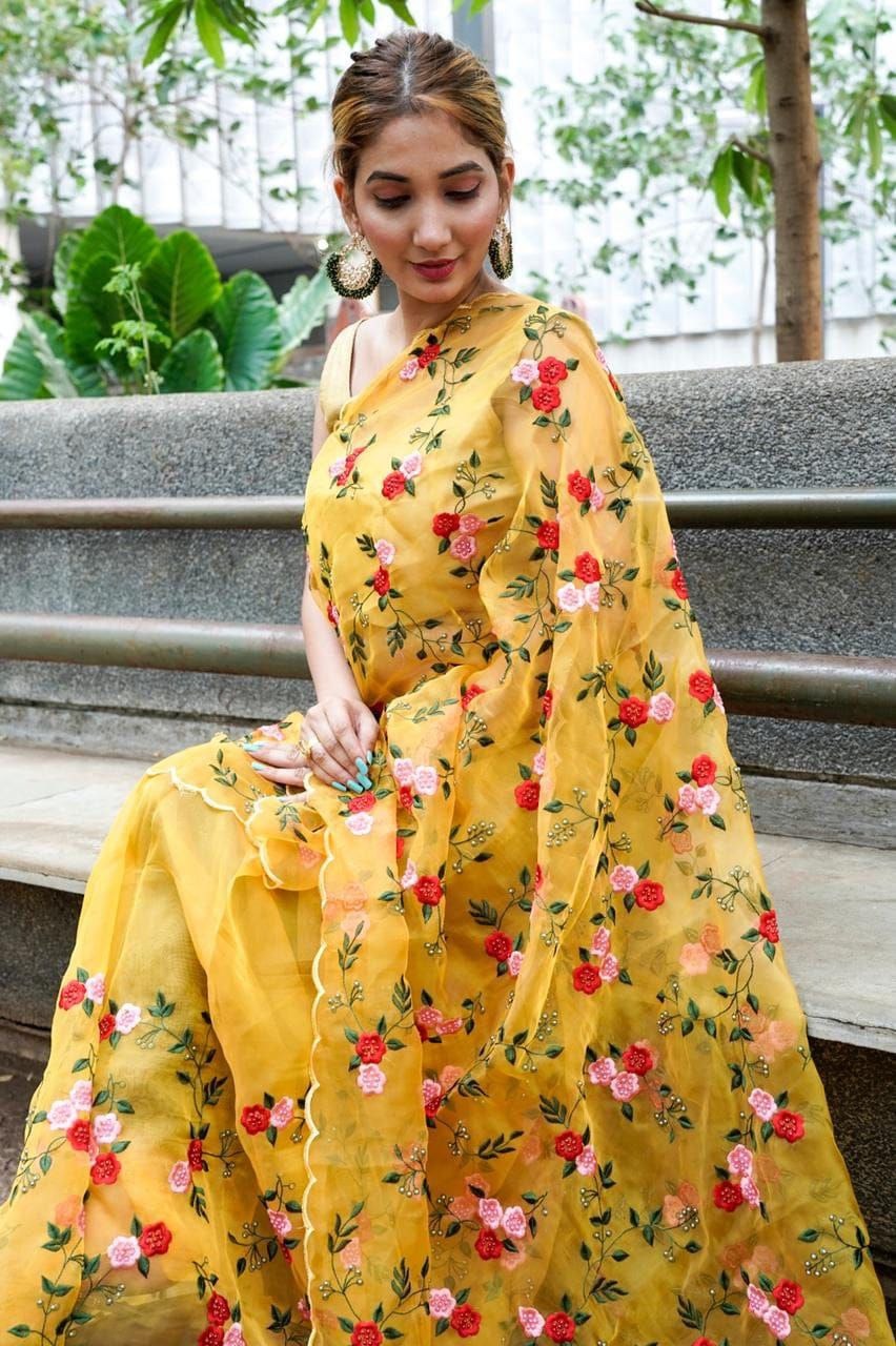 FLOWER PRINT THREAD WORK ORGENZA SILK CUT WORK SAREE
