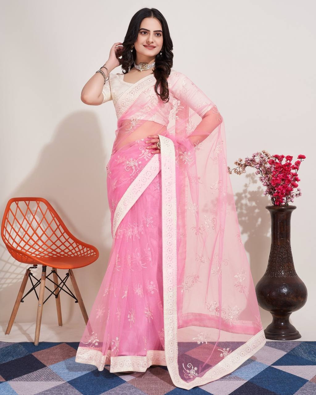SOFT NET CHIKANKARI EMBROIDERED SAREE WITH PIPING BORDER AND BLOUSE PIECE