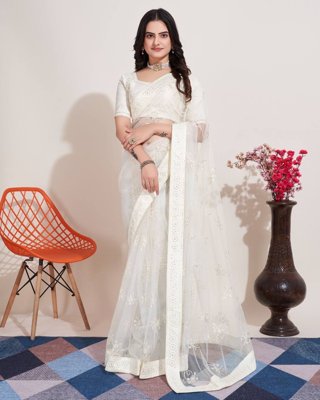 SOFT NET CHIKANKARI EMBROIDERED SAREE WITH PIPING BORDER AND BLOUSE PIECE