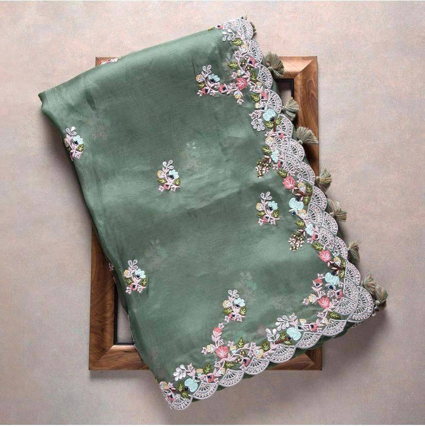 FANCY SOFT ORGENZA SAREE MULTI BUTTA WORK NAD CUTWORK BORDER