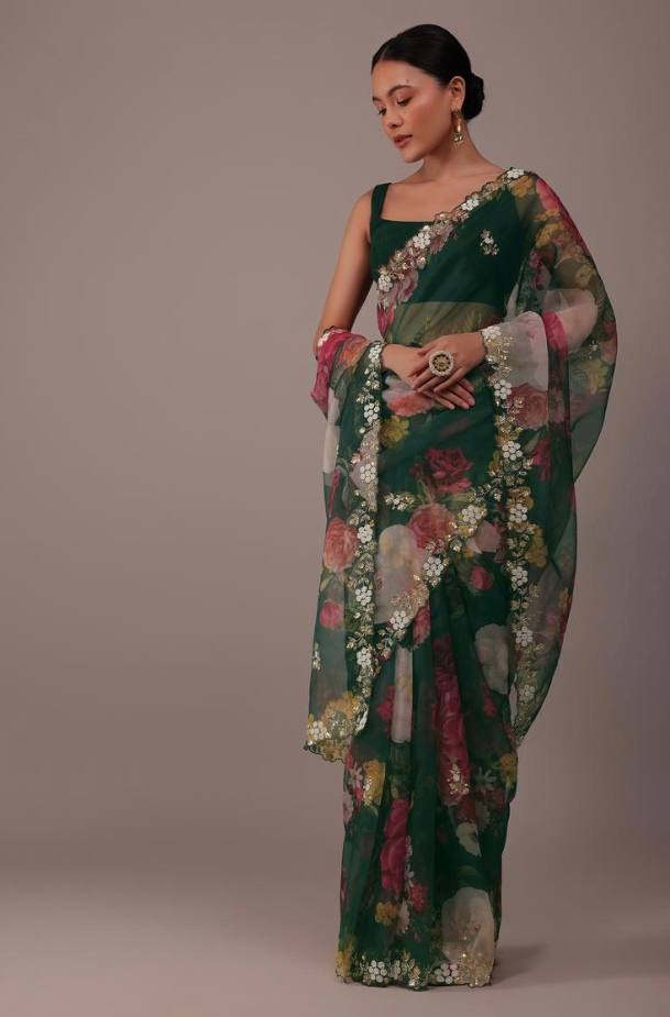 BEAUTIFUL PRINTED ORGENZA SAREE WITH SIMPLE EMBROIDERY AND CUT WORK