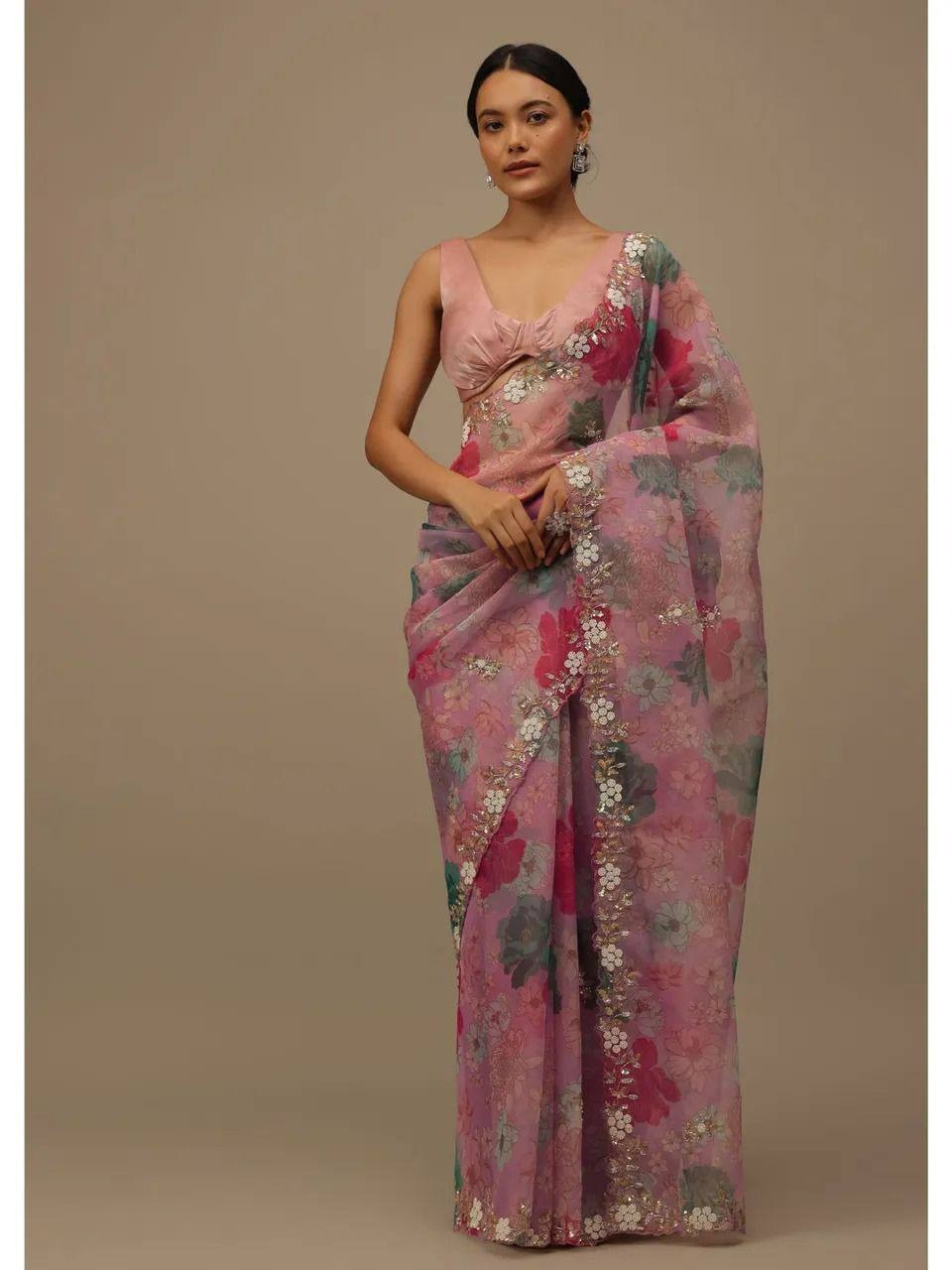 BEAUTIFUL PRINTED ORGENZA SAREE WITH SIMPLE EMBROIDERY AND CUT WORK