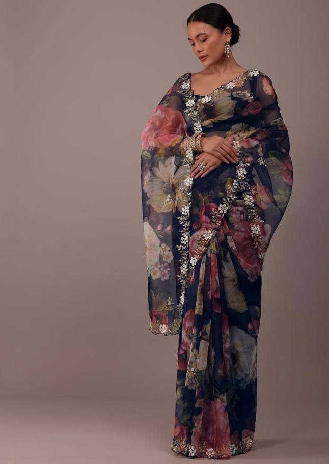 BEAUTIFUL PRINTED ORGENZA SAREE WITH SIMPLE EMBROIDERY AND CUT WORK