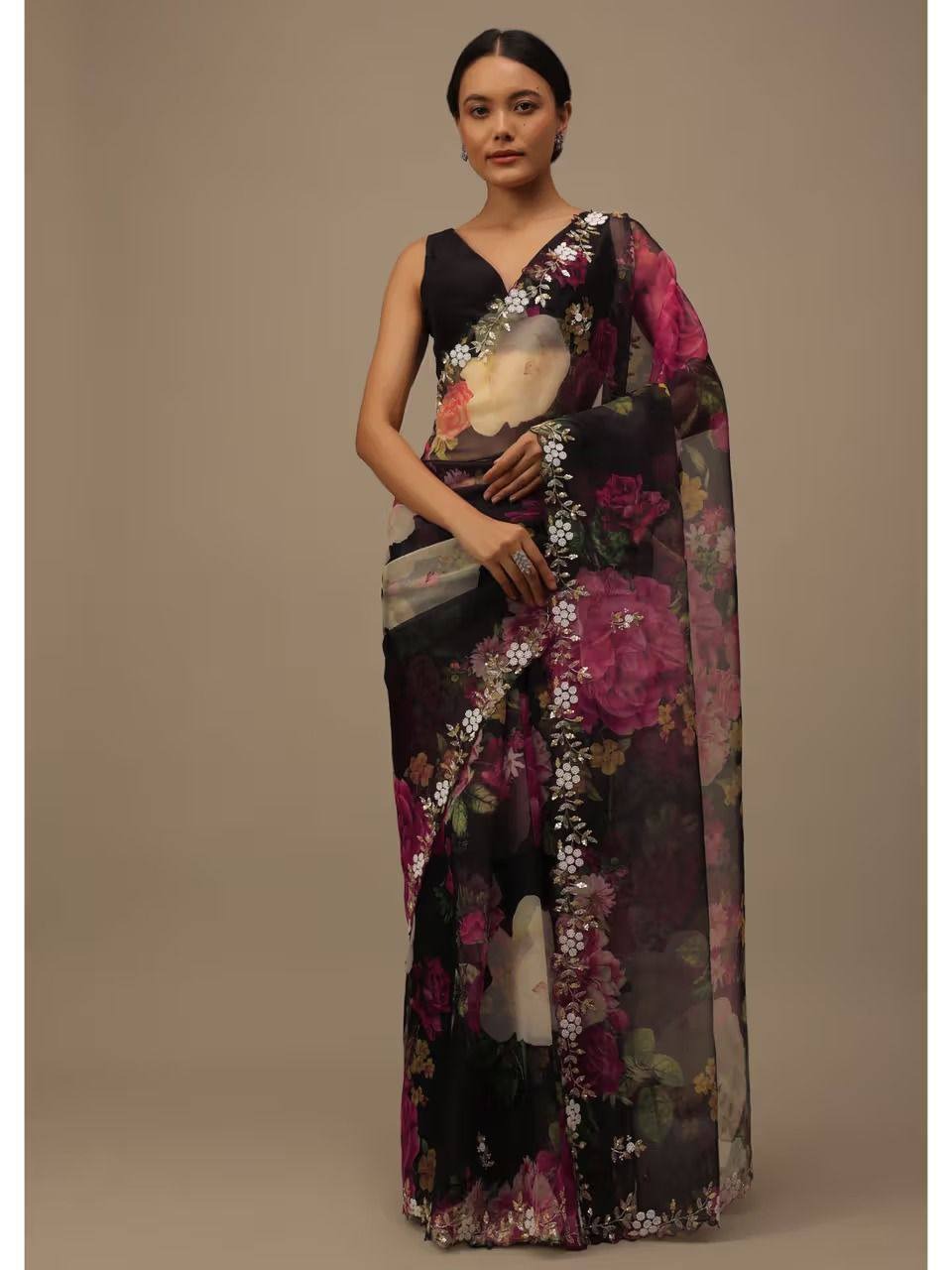 BEAUTIFUL PRINTED ORGENZA SAREE WITH SIMPLE EMBROIDERY AND CUT WORK