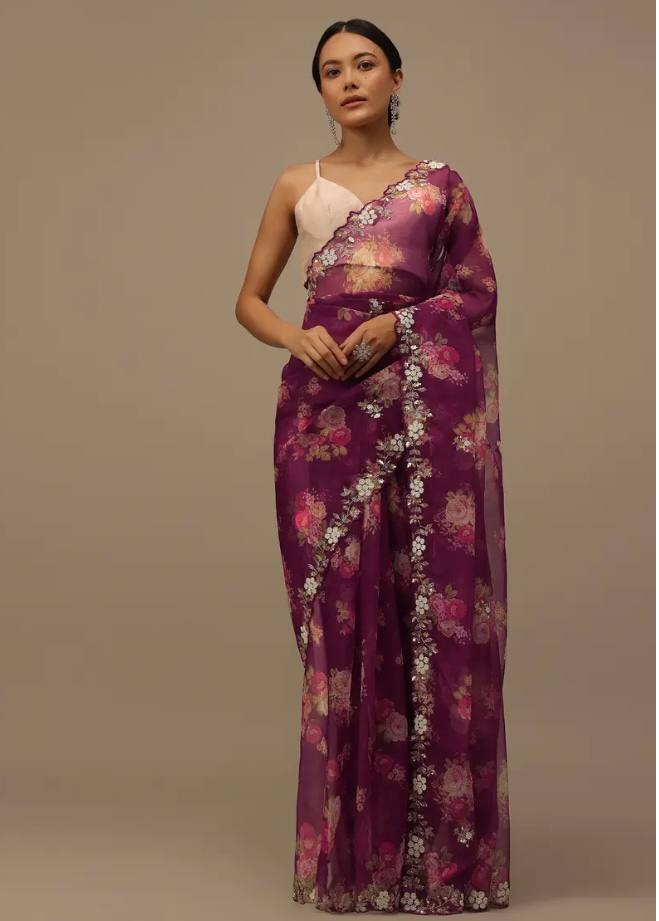 BEAUTIFUL PRINTED ORGENZA SAREE WITH SIMPLE EMBROIDERY AND CUT WORK