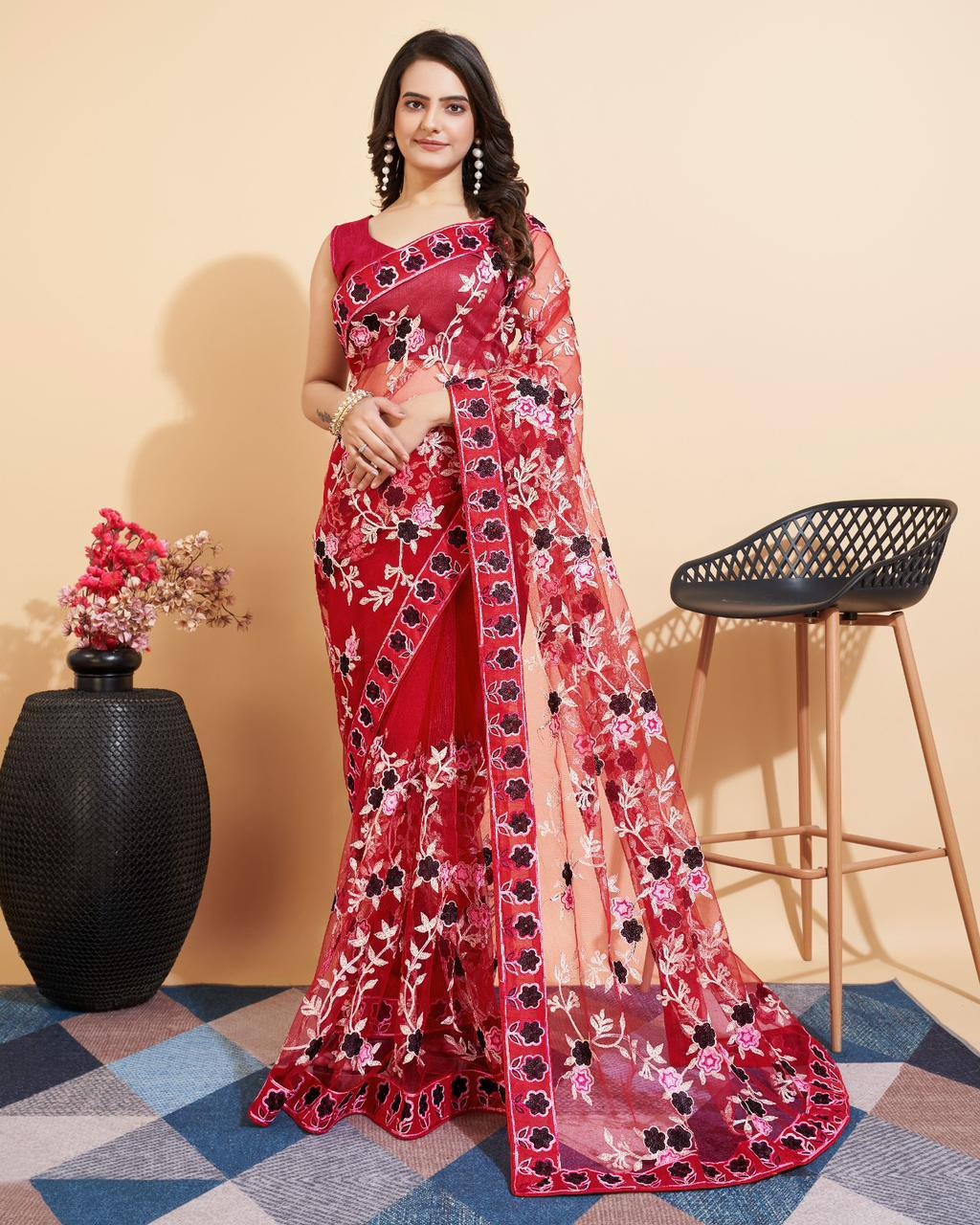FANCY SOFT NET CHIKANKARI EMBROIDERY DESIGN SAREE