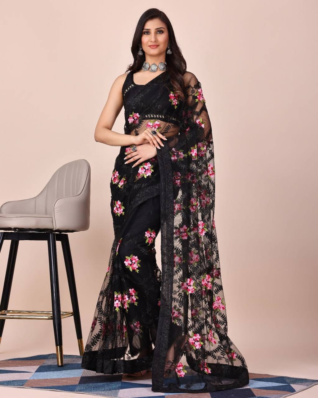 SOFT NET CHIKANKARI EMBROIDERY DESIGN SAREE WITH PIPING BORDER AND LACE