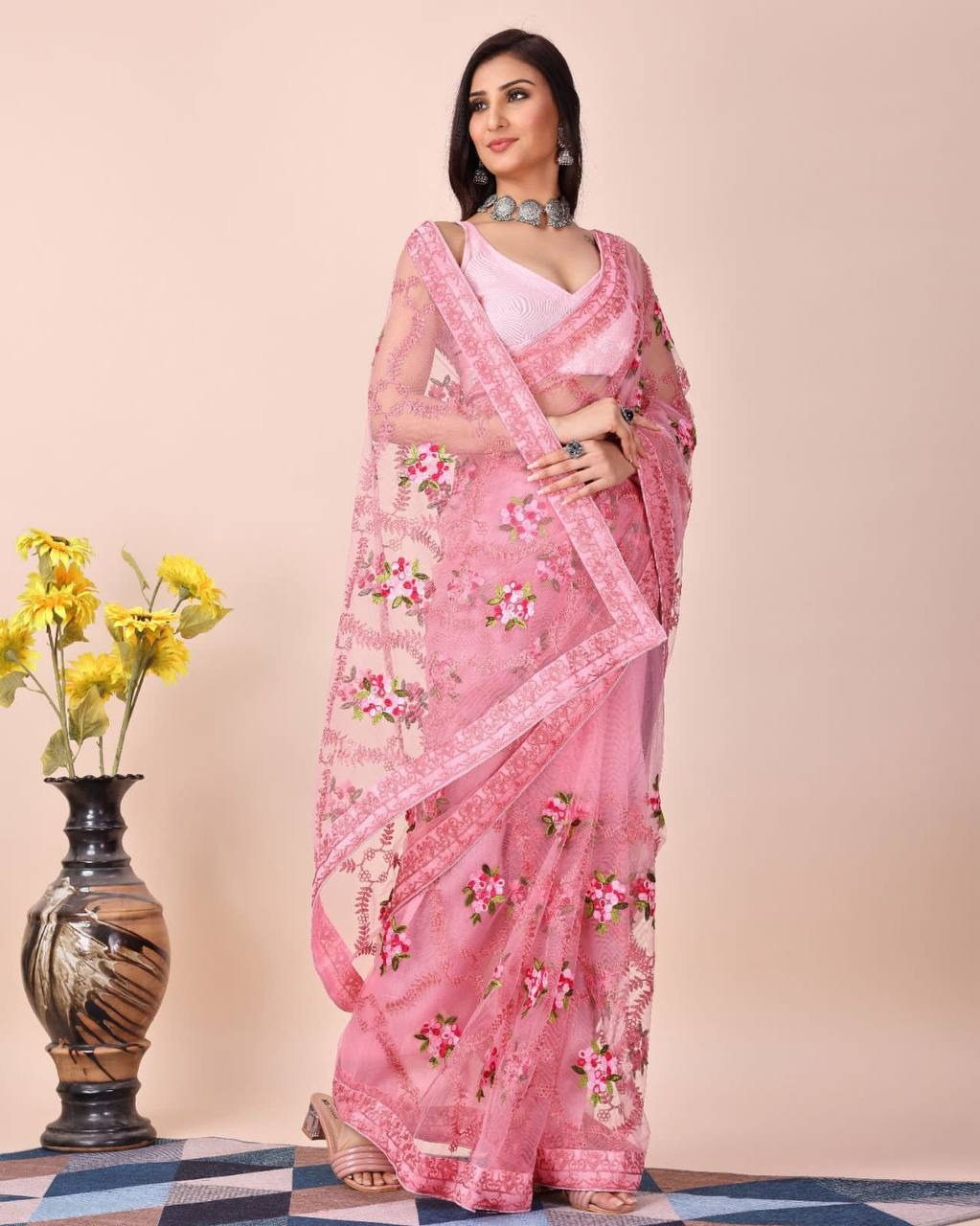SOFT NET CHIKANKARI EMBROIDERY DESIGN SAREE WITH PIPING BORDER AND LACE