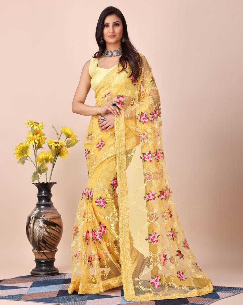 SOFT NET CHIKANKARI EMBROIDERY DESIGN SAREE WITH PIPING BORDER AND LACE