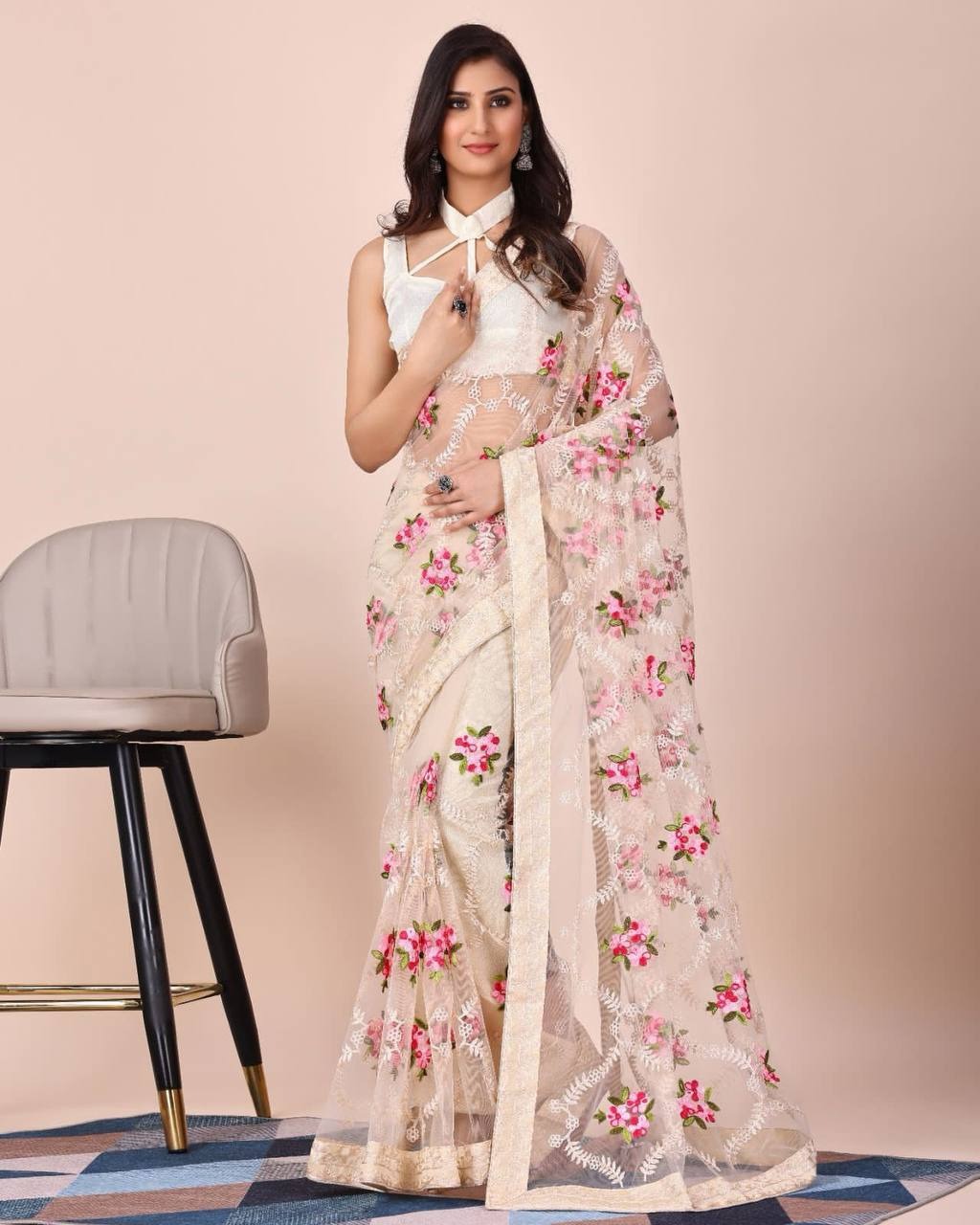 SOFT NET CHIKANKARI EMBROIDERY DESIGN SAREE WITH PIPING BORDER AND LACE