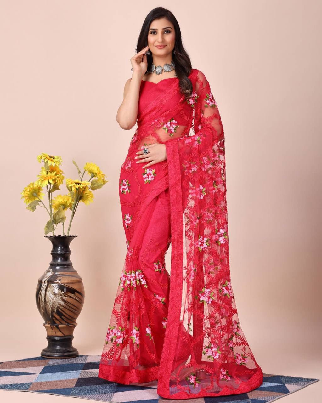 SOFT NET CHIKANKARI EMBROIDERY DESIGN SAREE WITH PIPING BORDER AND LACE