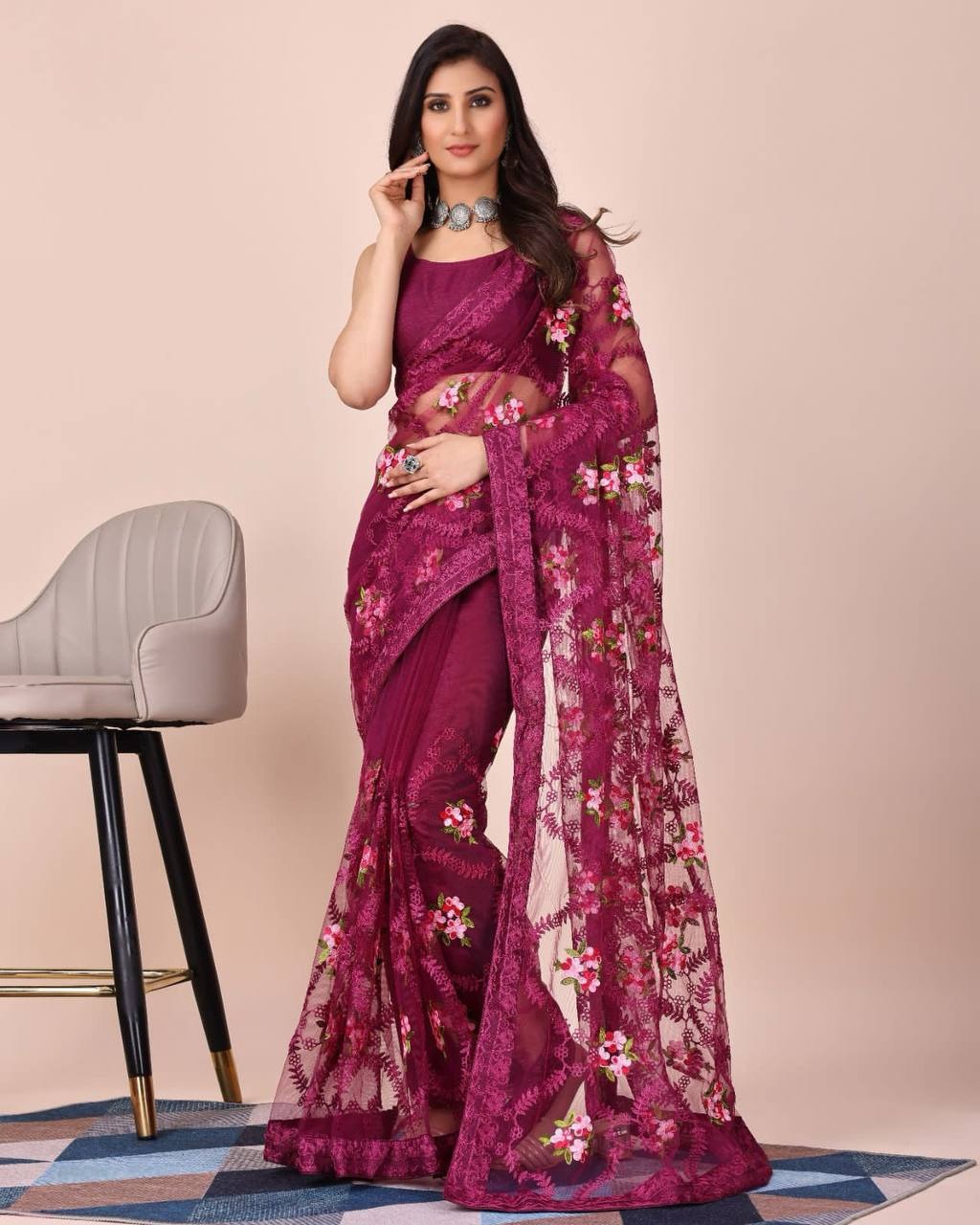 SOFT NET CHIKANKARI EMBROIDERY DESIGN SAREE WITH PIPING BORDER AND LACE
