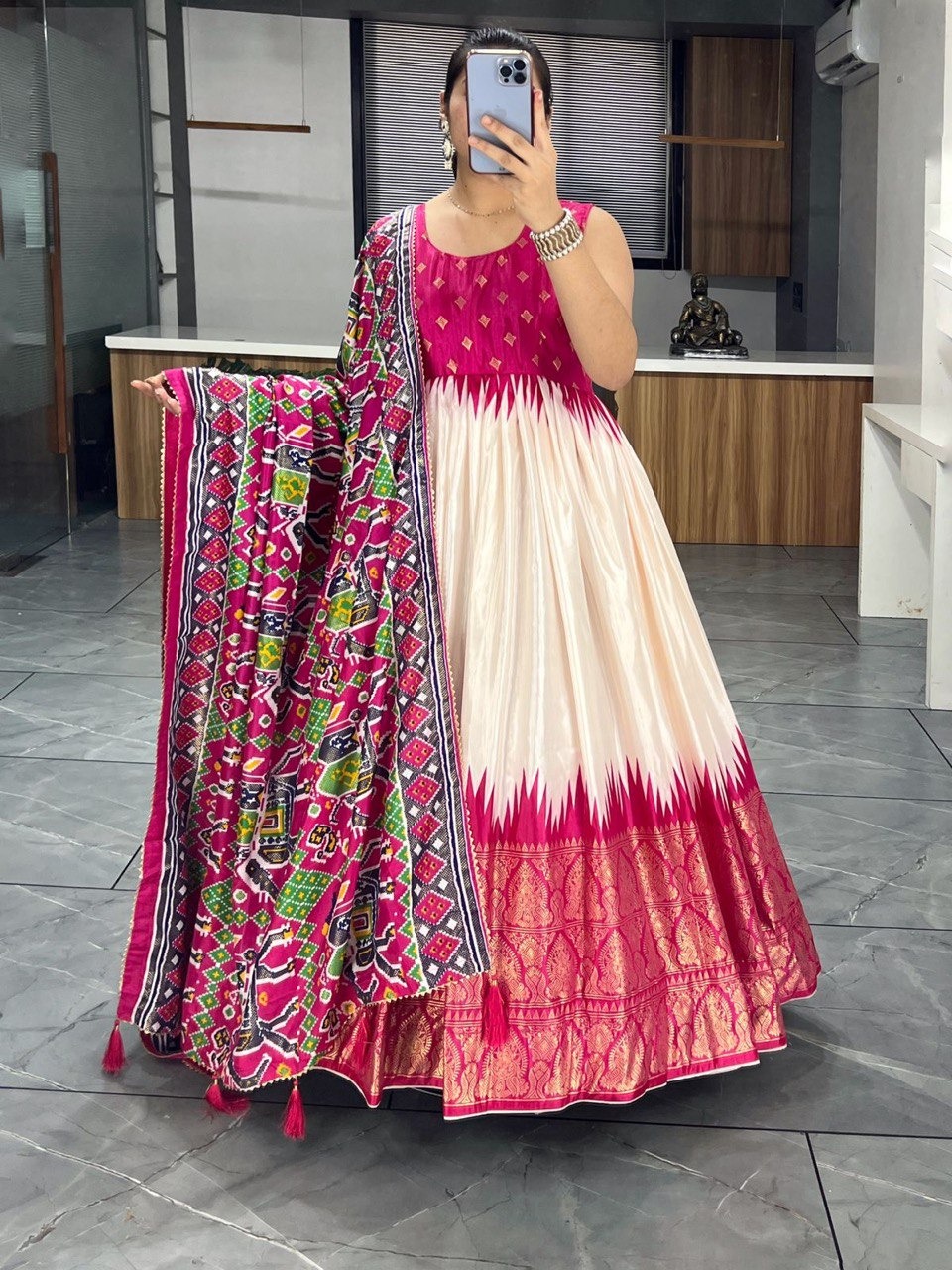 SOFT SILK GOWN PLAIN SLEEVES WITH DESIGNER FOIL WORK DUPATTA