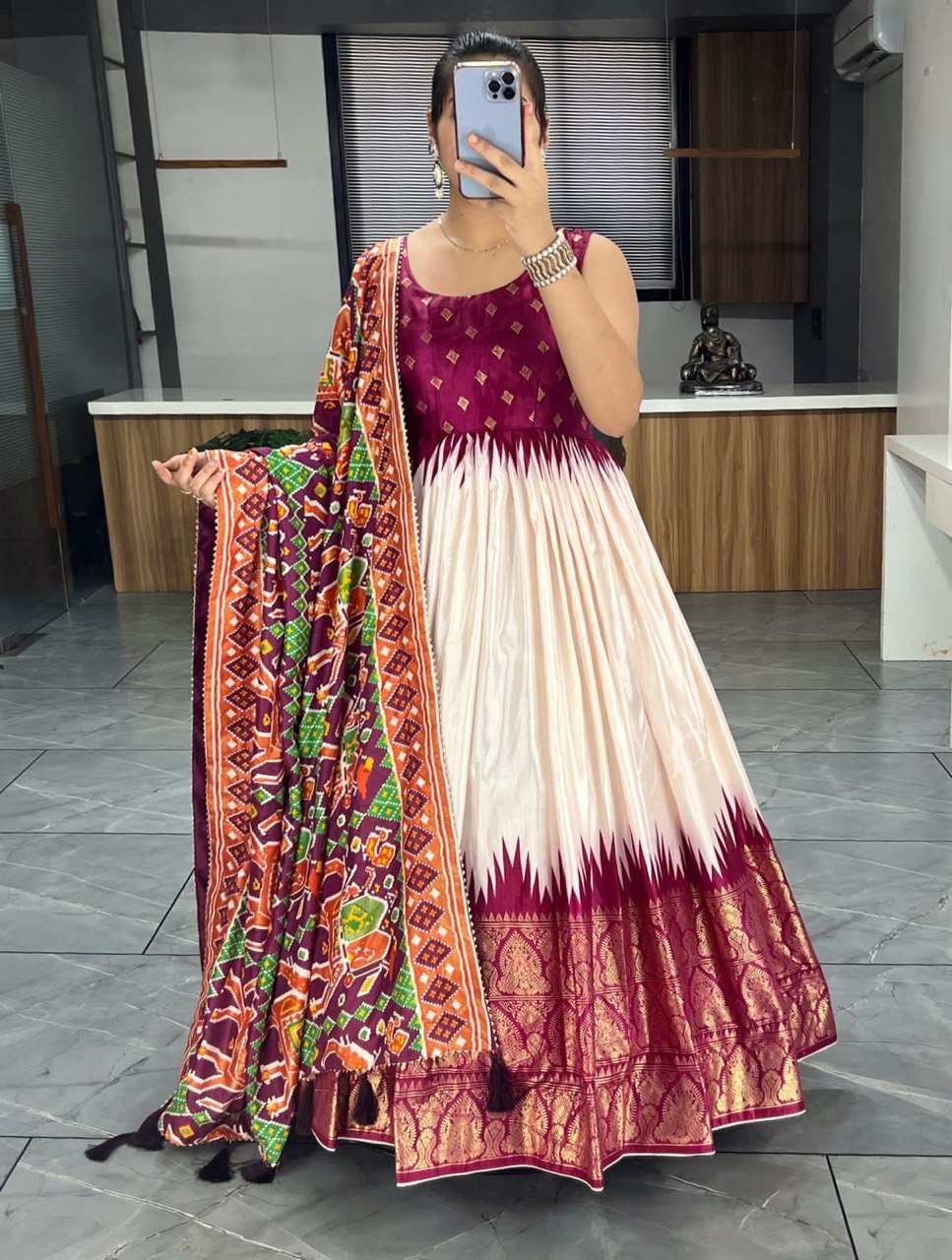 SOFT SILK GOWN PLAIN SLEEVES WITH DESIGNER FOIL WORK DUPATTA