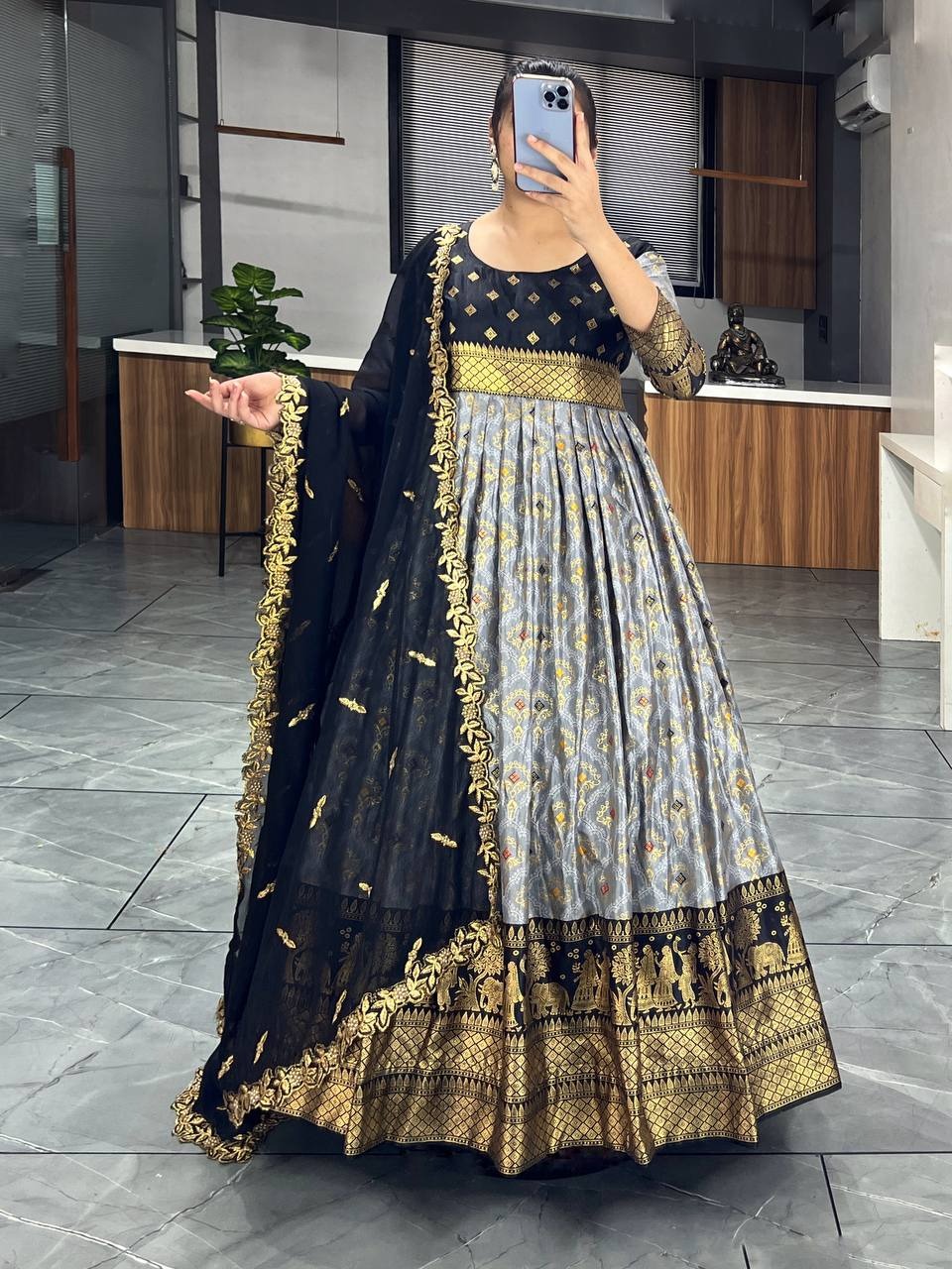 LATEST KALAMKARI SILK GOWN WITH FOIL WORK