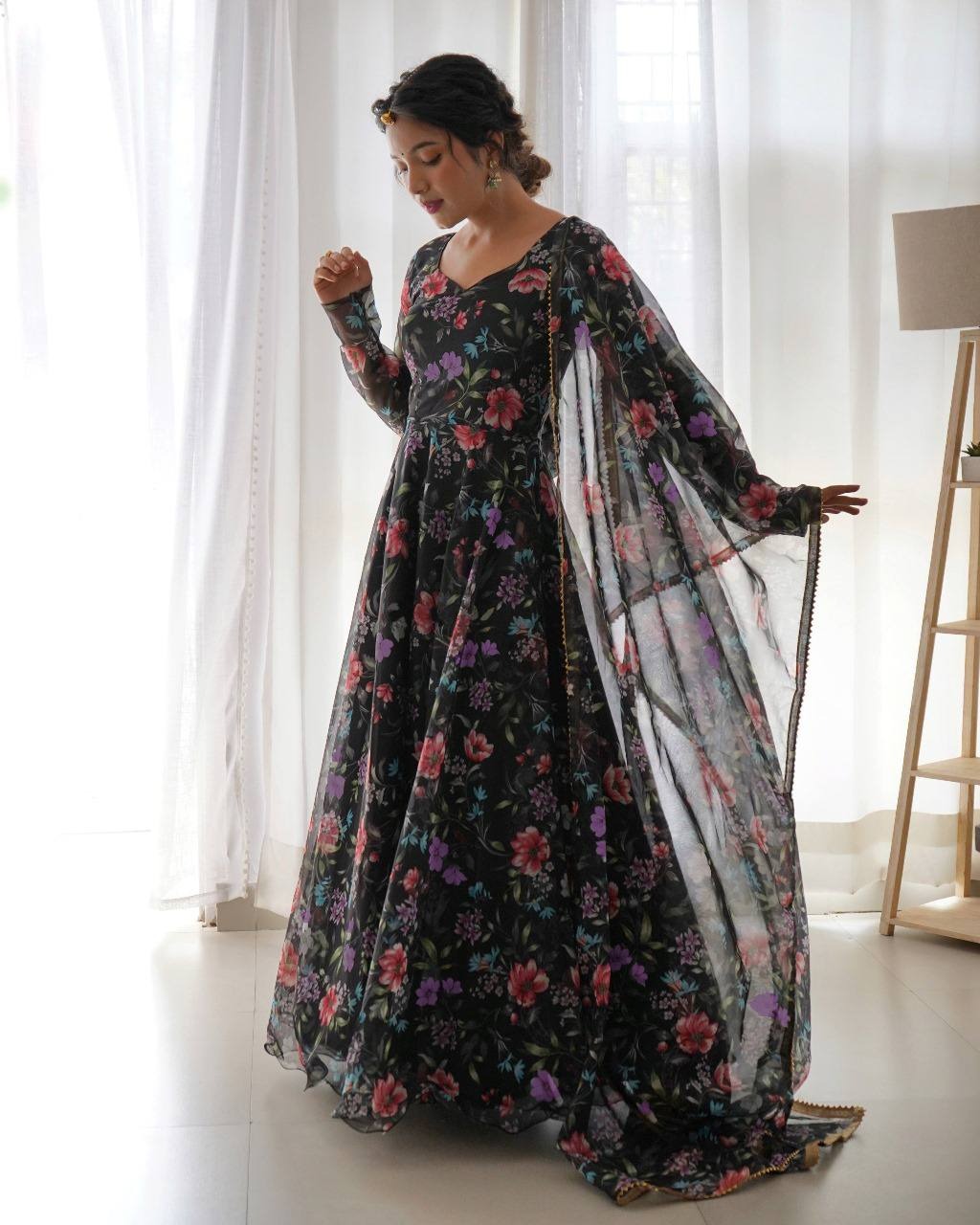 FLOWERY PRINT GEORGETTE GOWN WITH DUPATTA