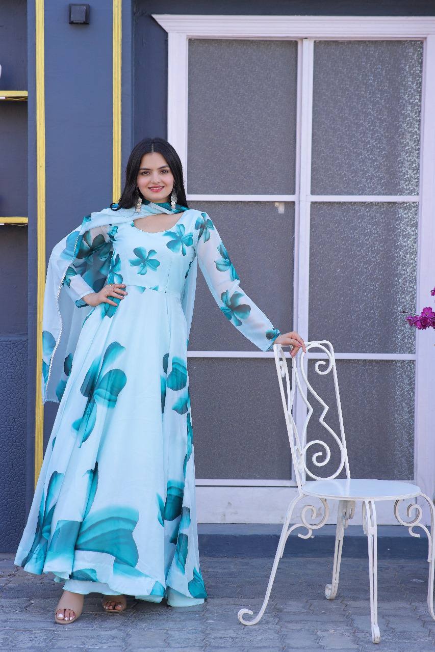 DIGITAL FLOWRREY PRINTED GOWN GOWN WITH DUPATTA