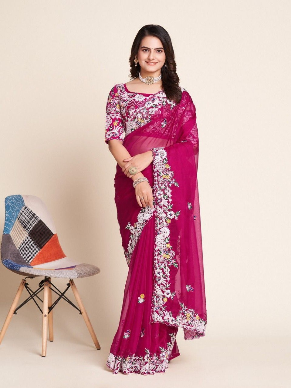 SOFT SIMMER CHIFFON PARTY WEAR CUTWORK SAREE WITH BLOUSE PIECE