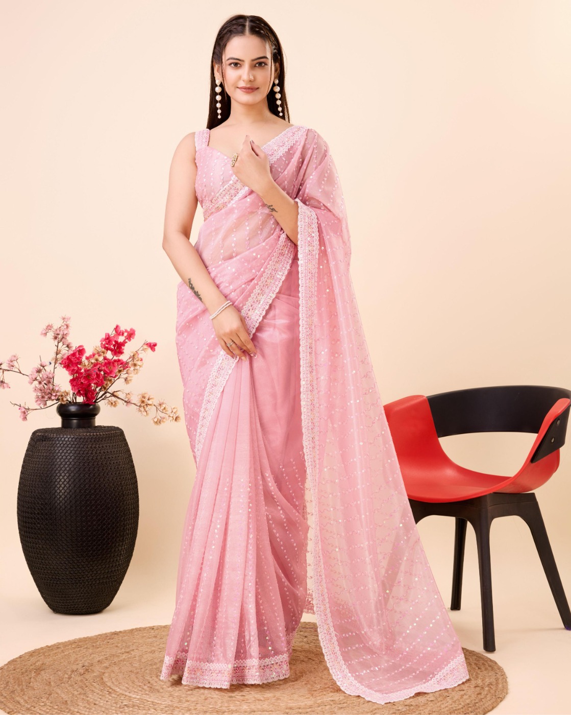PARTY WEAR SEQUINS EMBROIDERED SOFT NET SAREE WITH BLOUSE