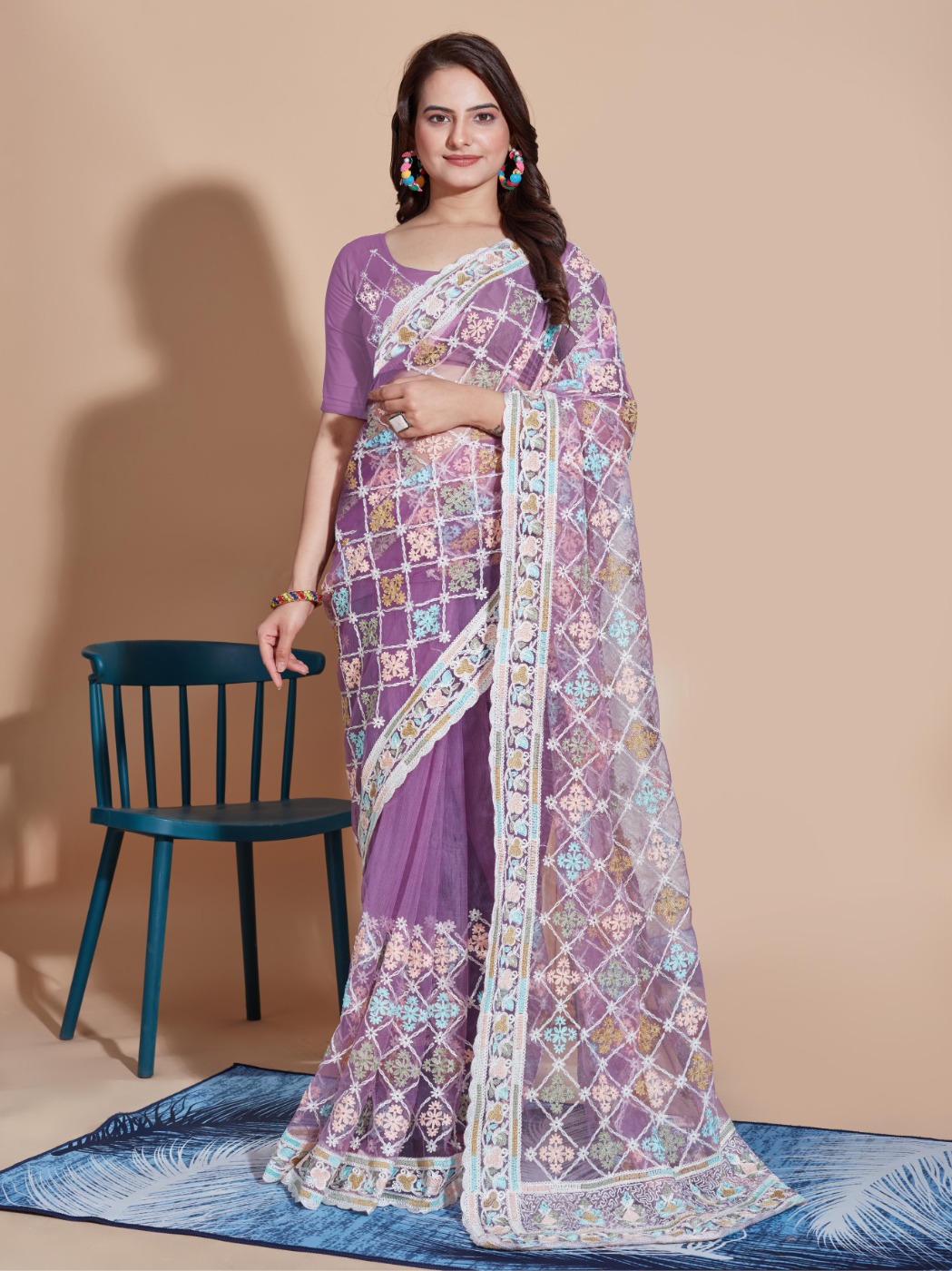 BUTTERFLY NET PARTY WEAR EMBROIDRED SAREE WITH BLOUSE