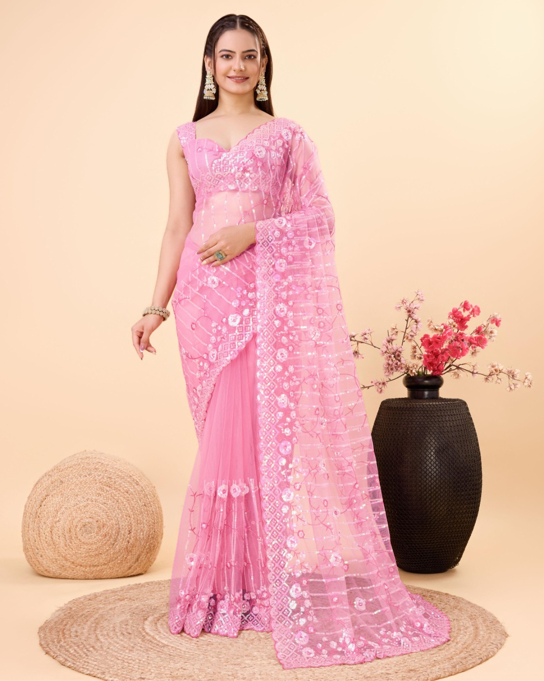 PARTY WEAR SOFT NET EMBROIDERED DESIGNER SAREE WITH BLOUSE PIECE