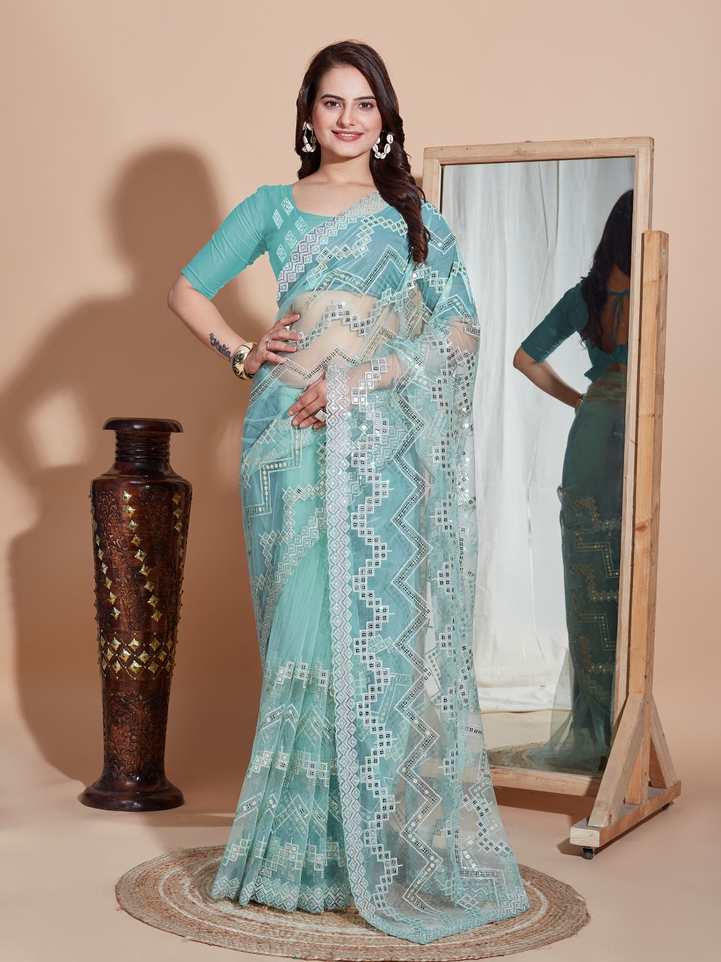 DESIGNER SOFT NET SEQUINS WORK SAREE WITH BLOUSE PIECE