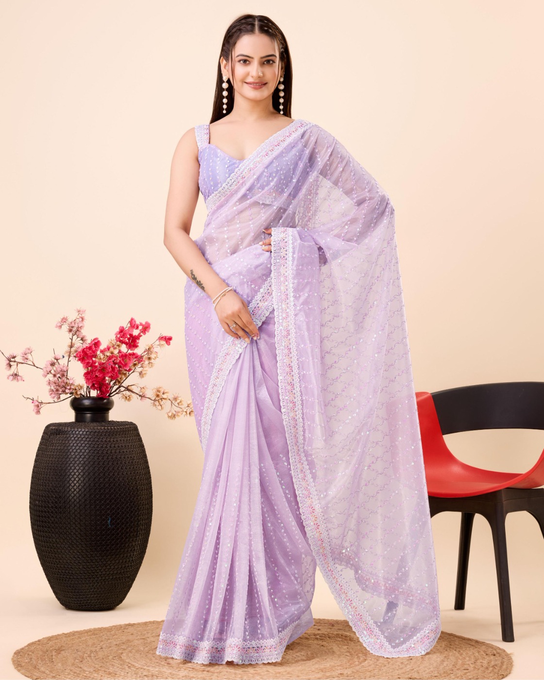 PARTY WEAR SEQUINS EMBROIDERED SOFT NET SAREE WITH BLOUSE